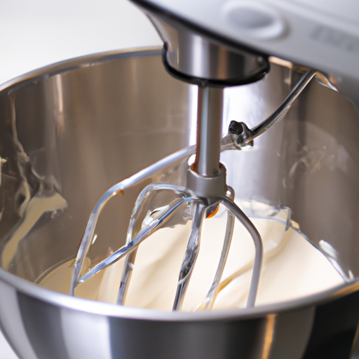 A sleek and modern standing mixer in action, mixing batter in a stainless steel bowl.