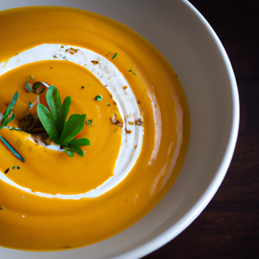 A bowl of creamy roasted butternut squash soup garnished with fresh herbs and a drizzle of olive oil.