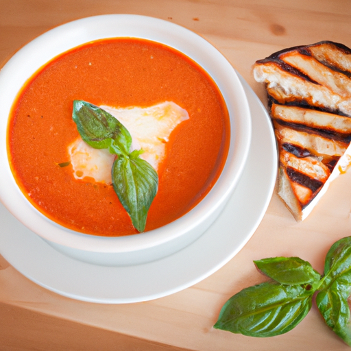 A creamy tomato basil soup topped with fresh basil leaves and served with a grilled cheese sandwich.