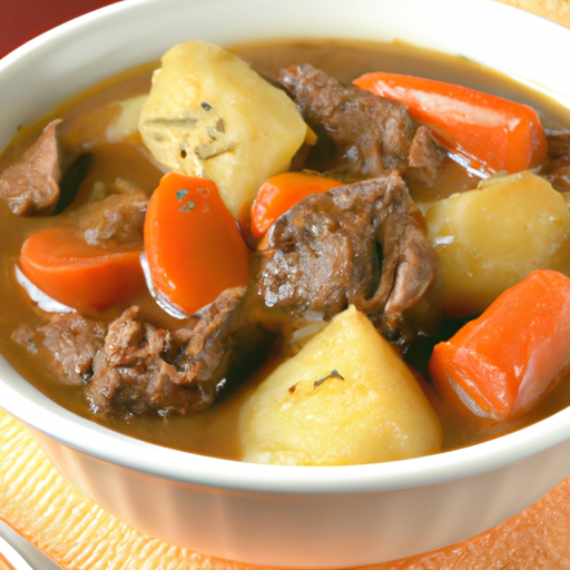 A steaming bowl of hearty beef stew with chunks of tender beef, carrots, and potatoes.