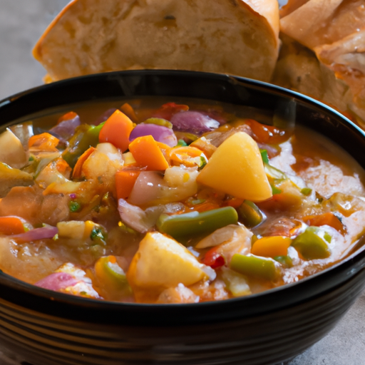 A steaming bowl of hearty vegetable soup, filled with colorful vegetables and served with a crusty bread.