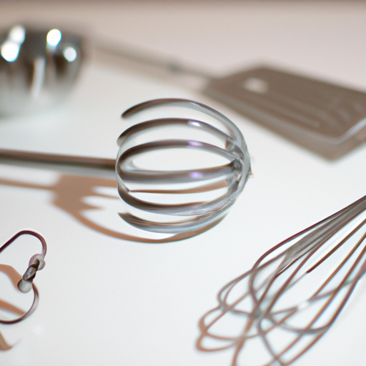 Various attachments for a standing mixer, including a dough hook, wire whisk, and paddle attachment.